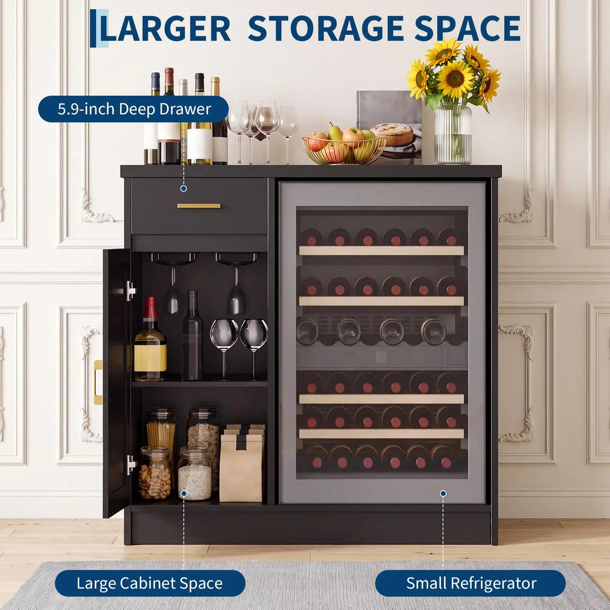 HiMISS Farmhouse Wine Bar Cabinet With USB Outlets Storage