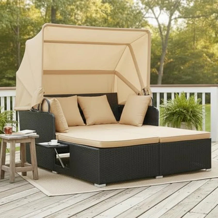 Patio Rattan Daybed With Retractable Canopy Folding Side Tables