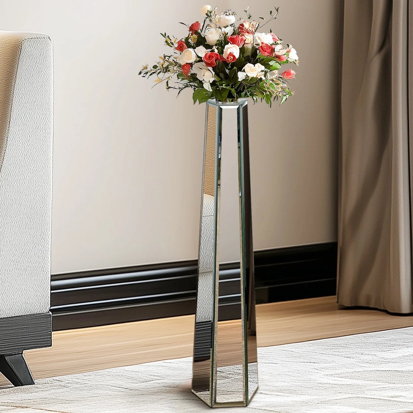 Mirrored Floor Vase Crushed Diamond Glass Decor Living Room