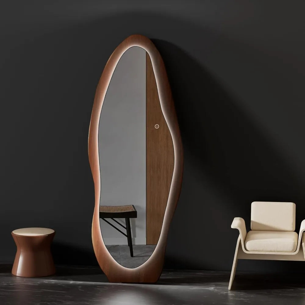 HUANHUI LED Wood Mirror With Lights Wall Mounted Indoor