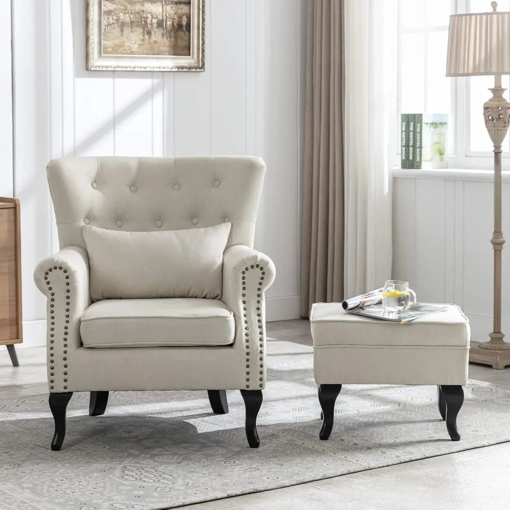 General Chair With Ottoman Wingback Tufted Linen Armchair