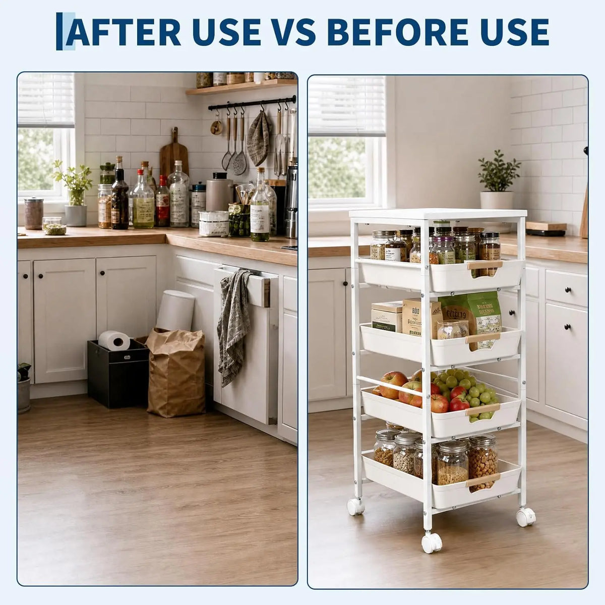 HiMISS Rolling Storage Cart With Wooden Top Pullout Baskets