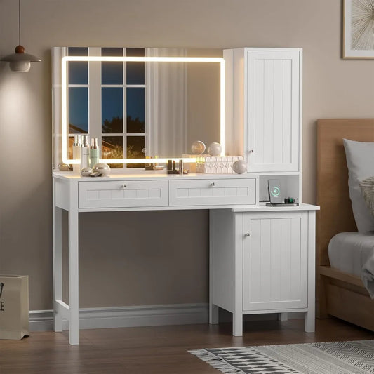 Vanity Desk With Mirror And Built In Lighting And Drawers