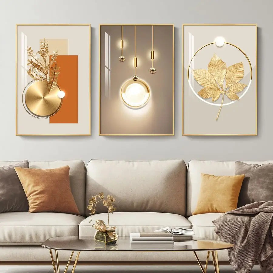 Contemporary Luxury Gold Wall Art Set of 3 Artworks