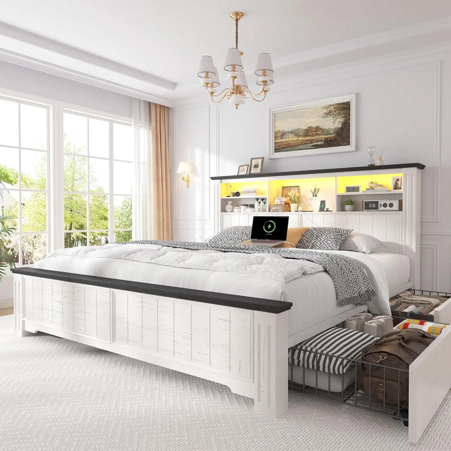 Queen Bed Frame With Storage Headboard LED USB Lighting