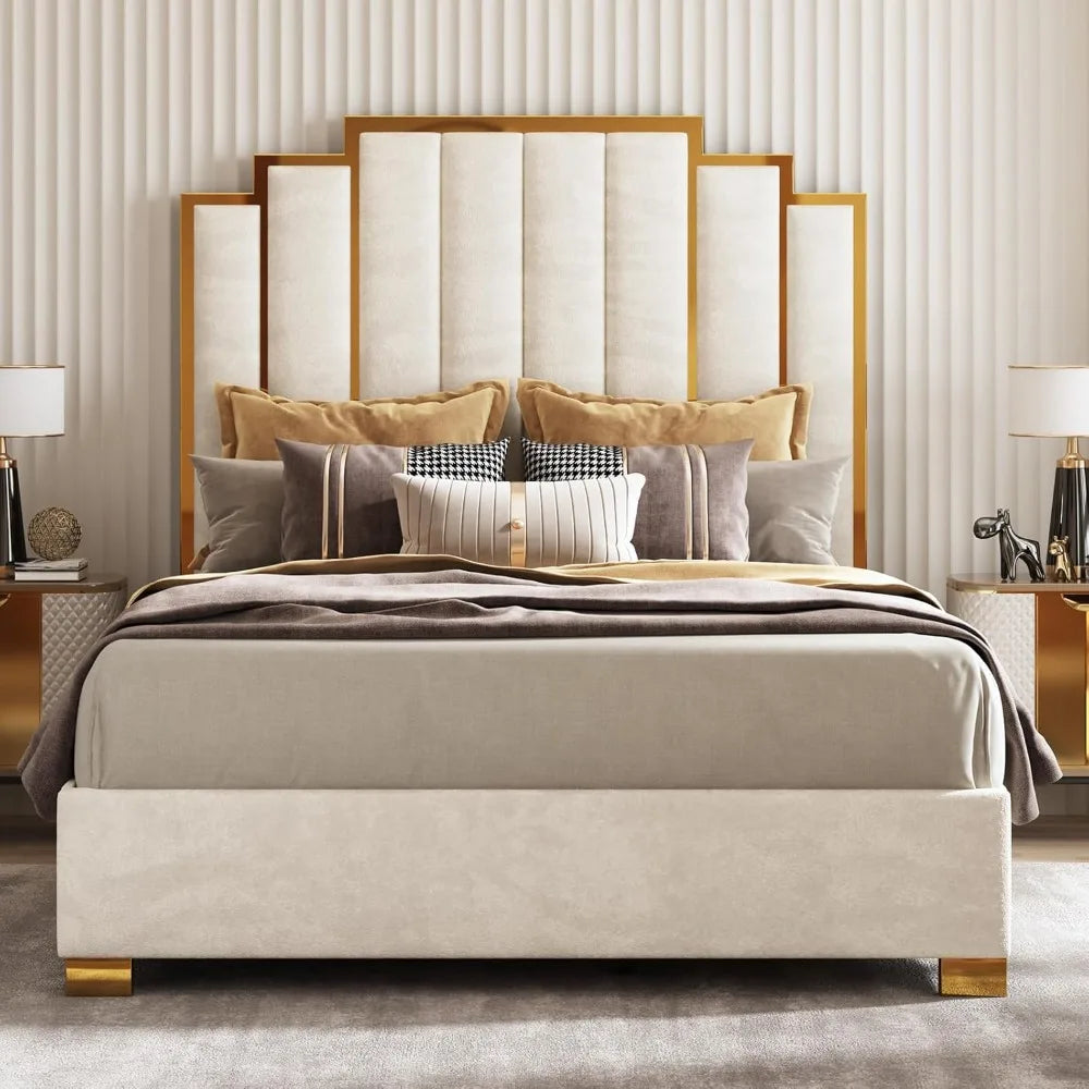 Ticify Upholstered Bed With Tall Headboard And Trim