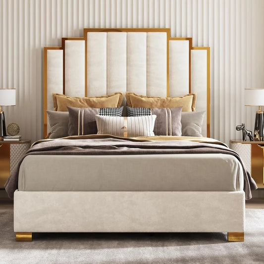 Ticify Upholstered Bed With Tall Headboard And Trim