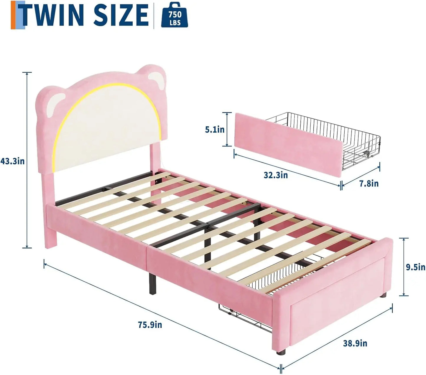 Twin LED Bed Frame With Storage And Bear Headboard