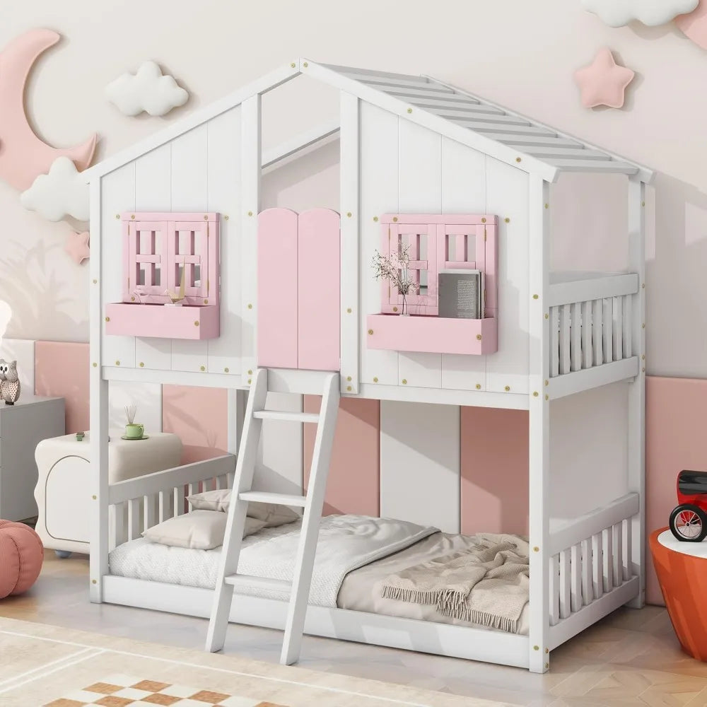Pine Floor House Bunk Bed With Roof Window Storage
