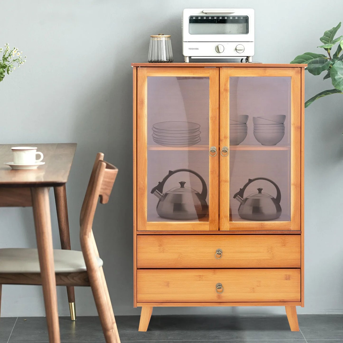Bymaocar Retro Kitchen Sideboard With Drawers Bamboo MDF Storage