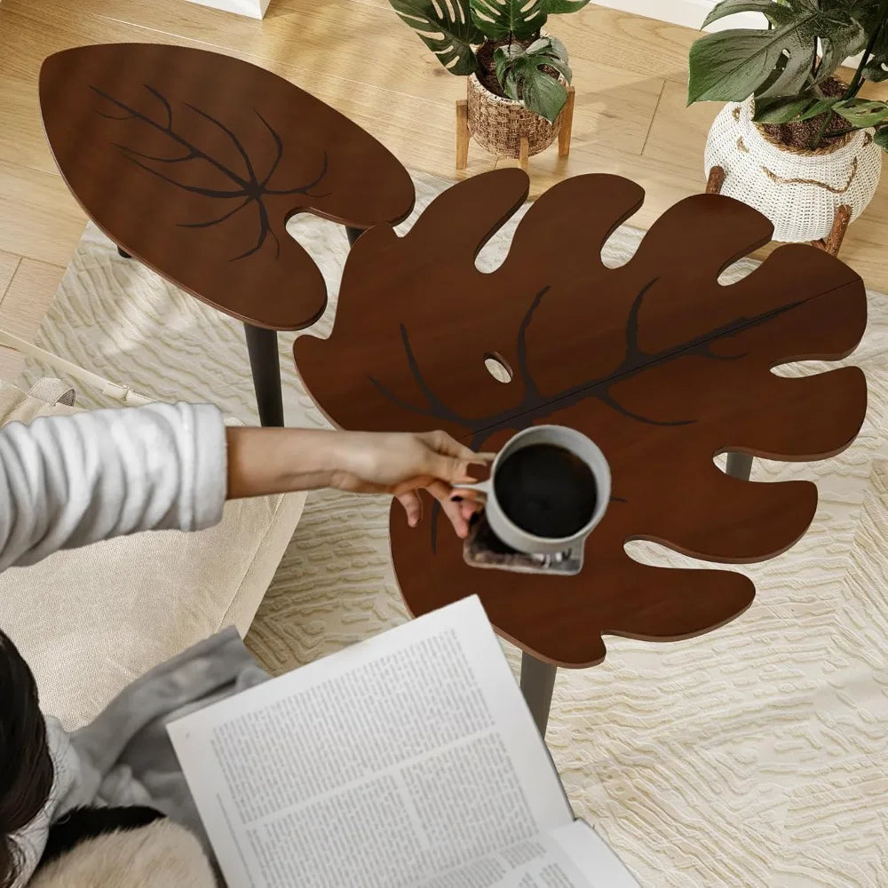 Monstera Leaf Nesting Tables Set of 2 Modern Wooden