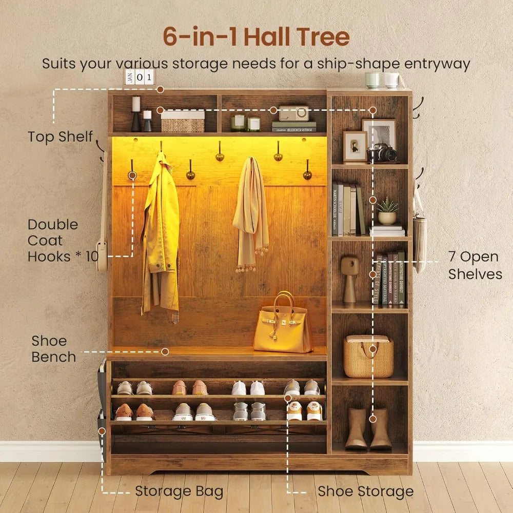 Farmhouse Hall Tree With Bench Shoe Storage LED Lights