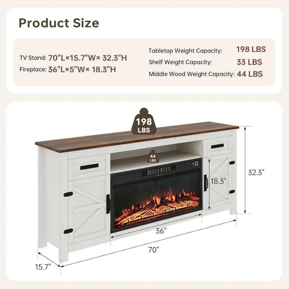 Farmhouse Fireplace TV Stand With Barn Doors And Storage
