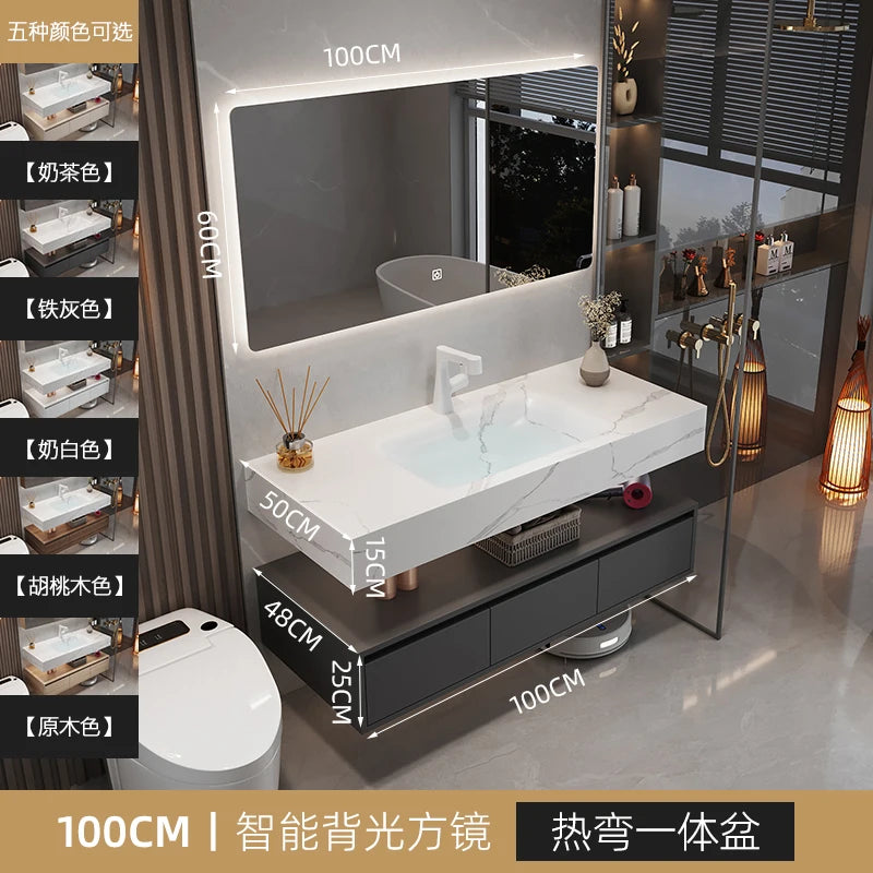 Solid Wood Vintage Bathroom Cabinet with Mirror and Integrated Basin