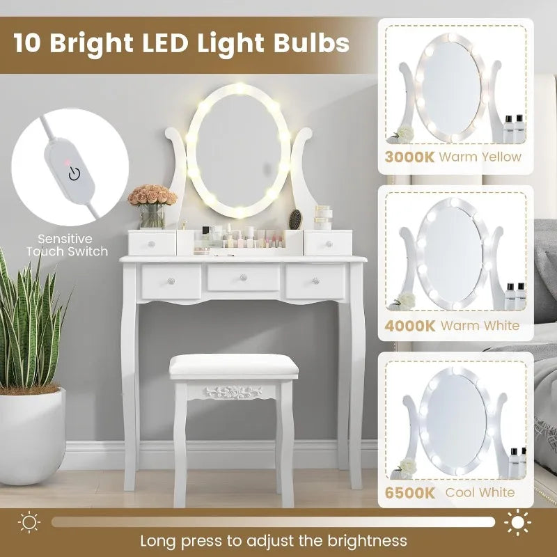 Hign-concerned Vanity Set With 10 Led Bulbs Mirror Stool