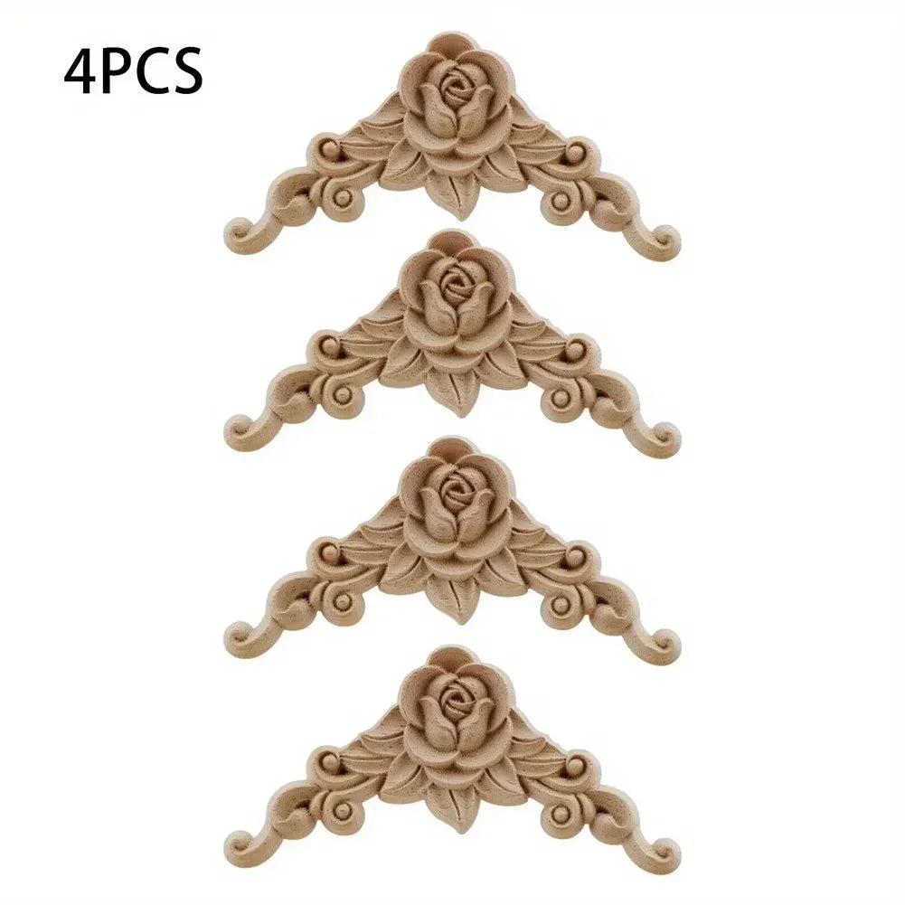 Natural Floral Wooden Figurines Decorative Carved Corner Appliques