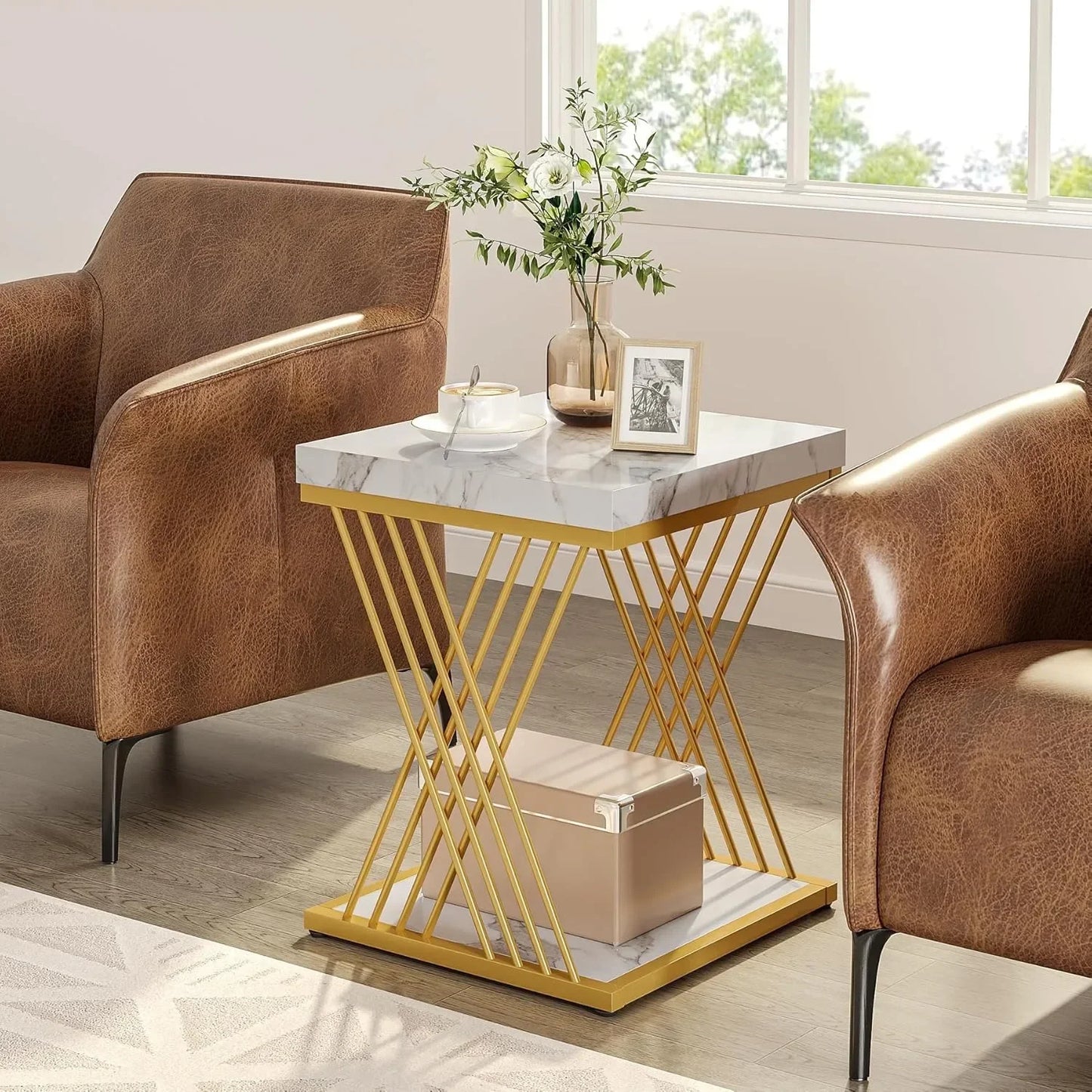 Modern White Gold Square End Table with Storage 2-Tier Faux Marble Design