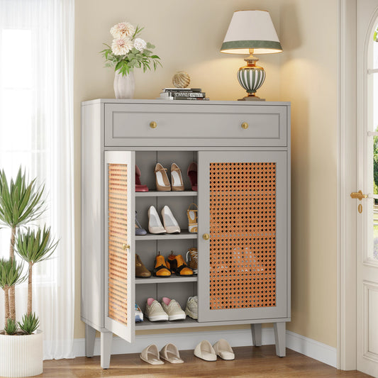 Tribesigns Mint Green Rattan Shoe Cabinet with Doors and Drawer for Entryway