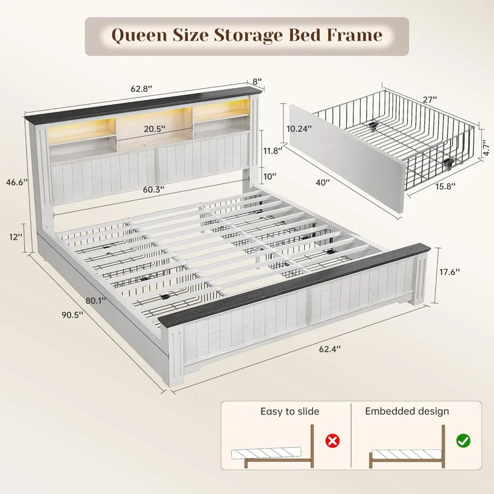 Queen Bed Frame With Storage Headboard LED USB Lighting
