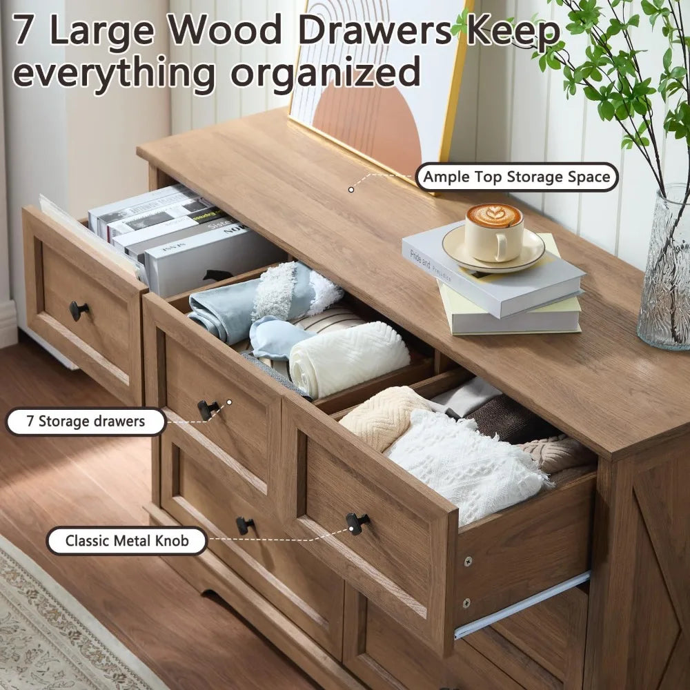 7 Drawer Farmhouse Dresser Chest with Charging Station for Modern Bedrooms