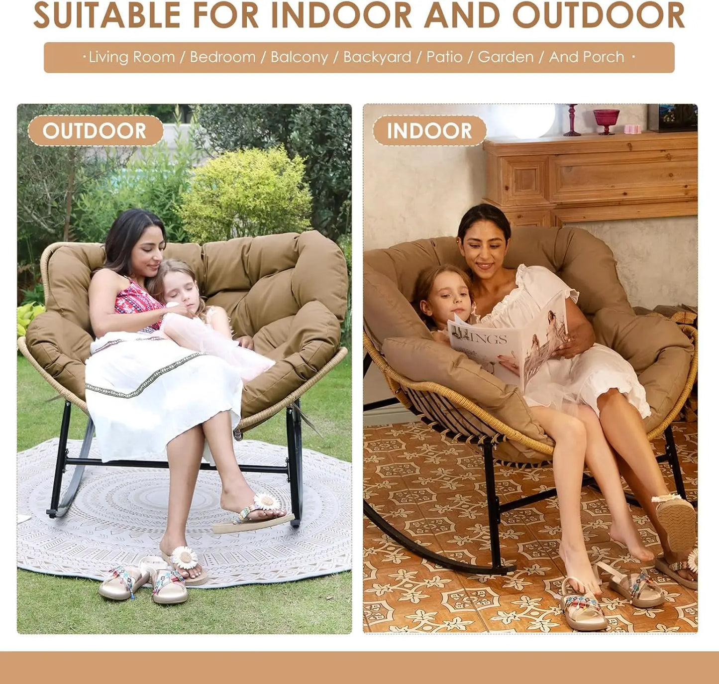 Oversized Rocking Egg Chair with Water Resistant Cushion for Indoor Outdoor Use