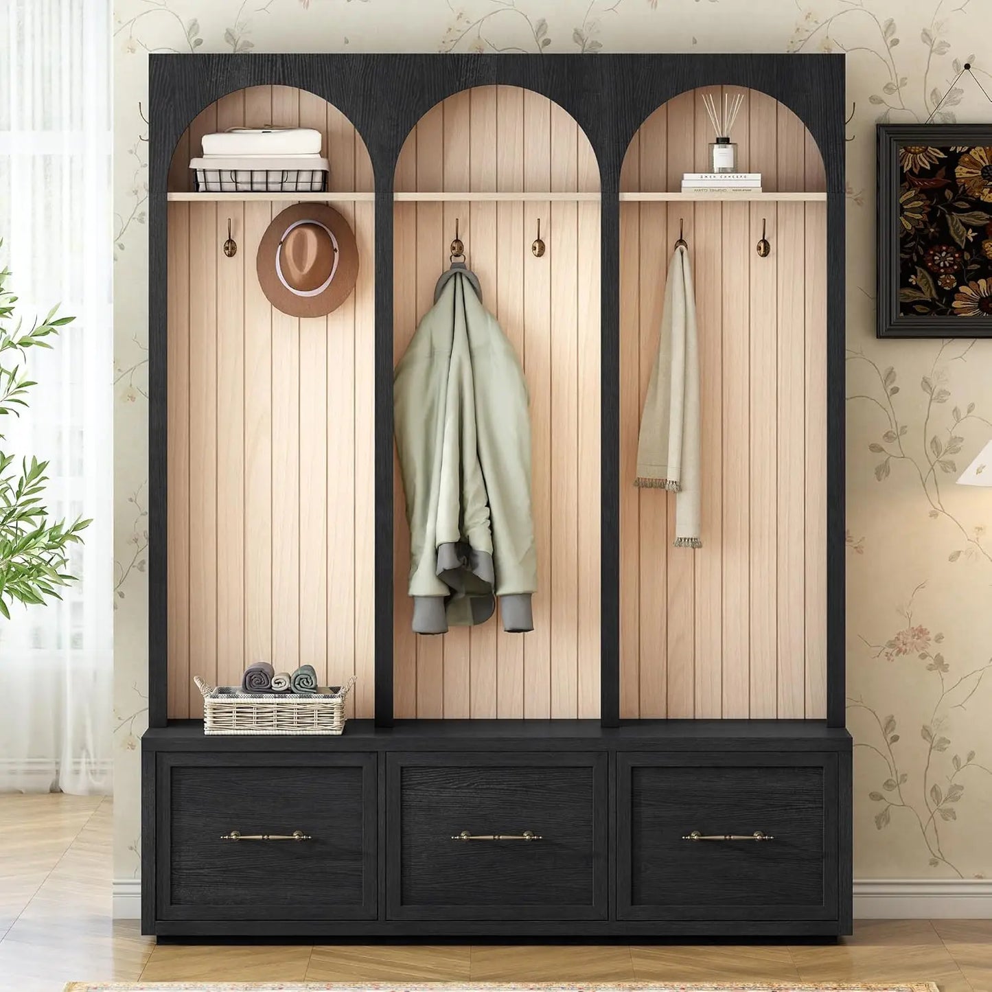 Wood Hall Tree With Eight Hooks Shoe Bench And Three Drawers Mudroom Organizer