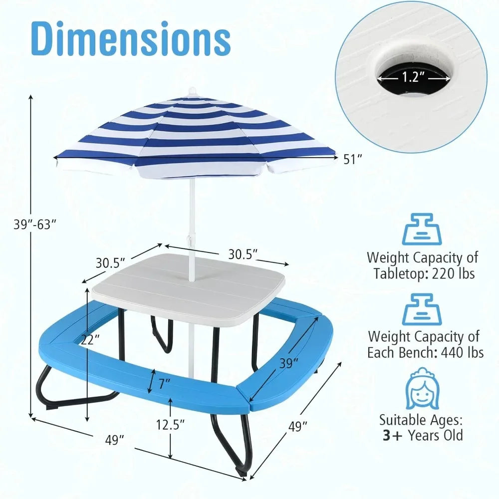 ANGDUO Kids Picnic Table Outdoor Table and Chair Set with Removable Umbrella and Metal Frame