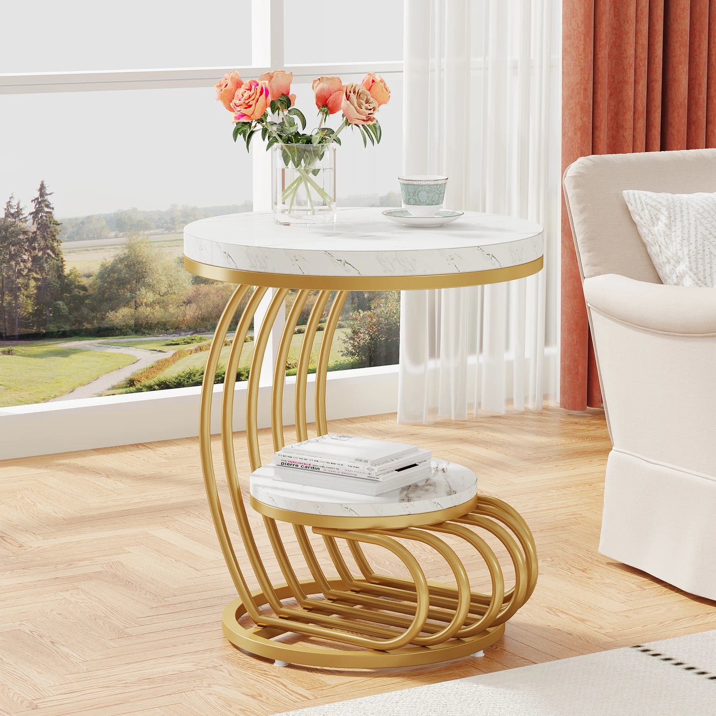 Tribesigns Gold Round End Table with Faux Marble and Storage Shelf