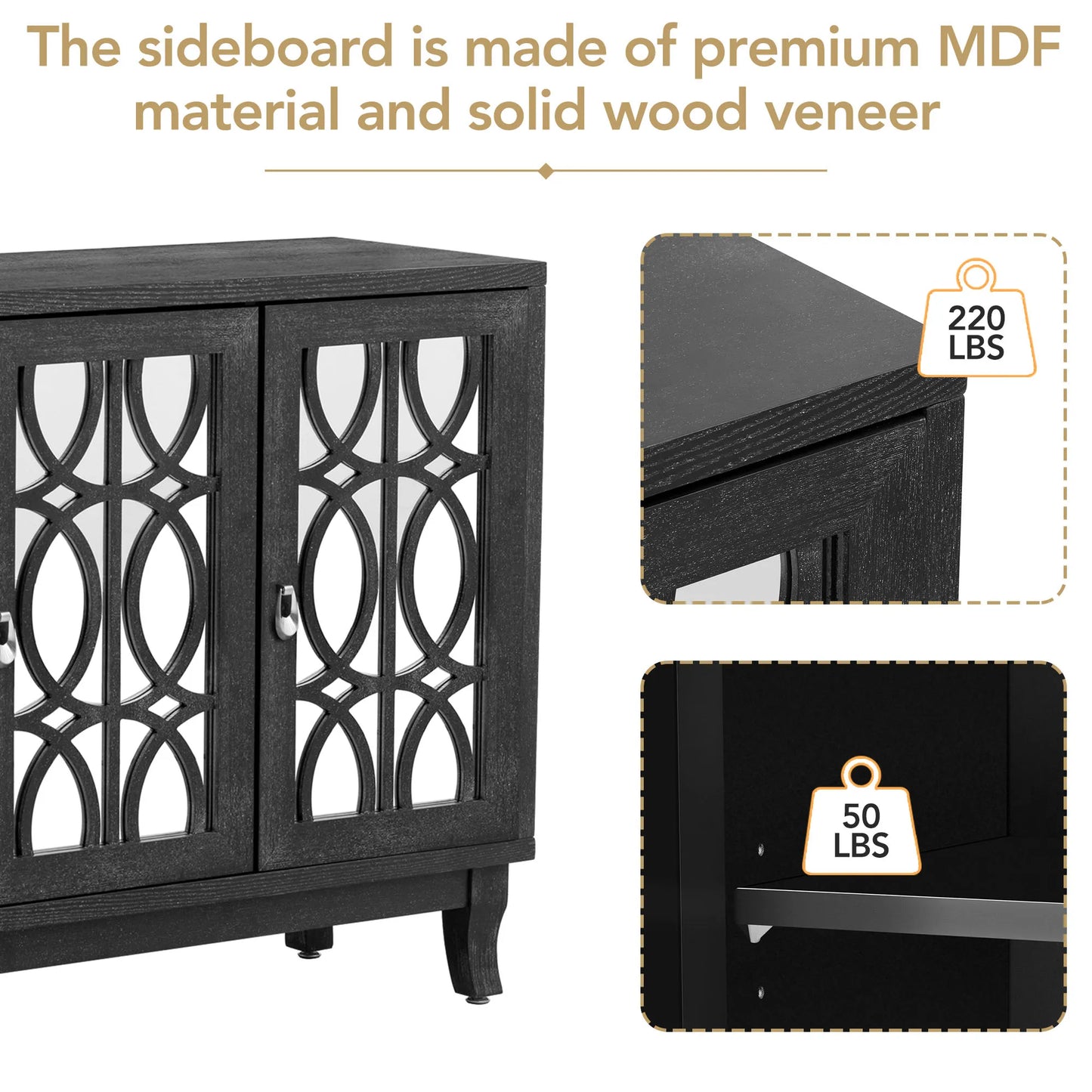 Sideboard With Glass Doors Three Door Mirrored Buffet Cabinet