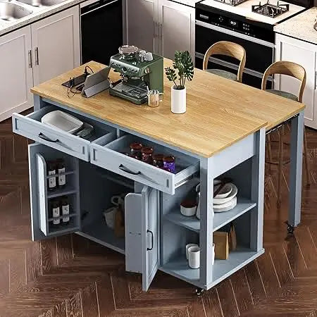 DAFIFY Kitchen Island on Wheels Extendable Table Power Outlet