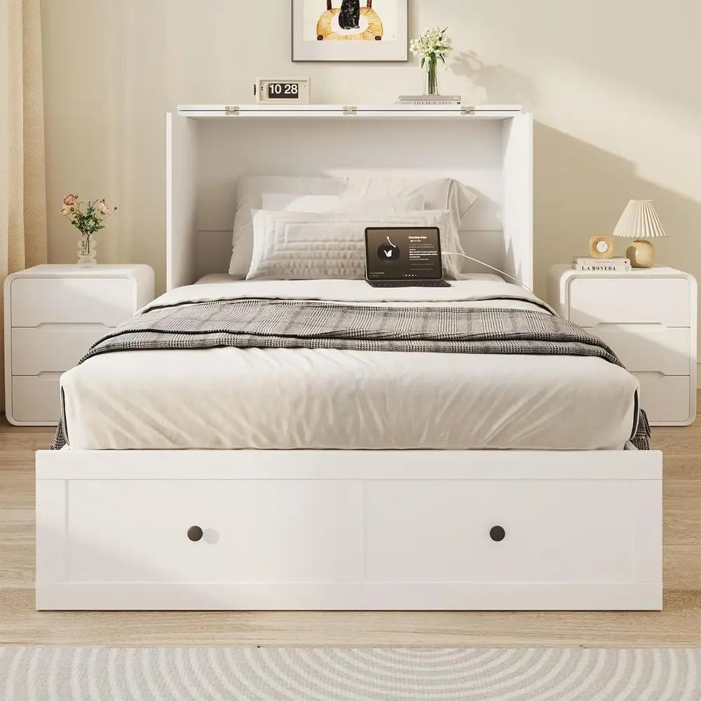 Twin Size Murphy Bed With Fabric Upholstery And Charging Station