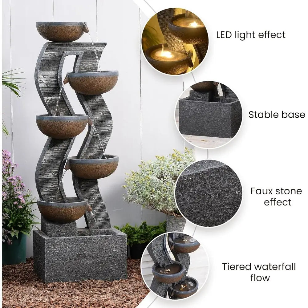 Outdoor Water Fountain With Lights Six-Tier Cascading Feature