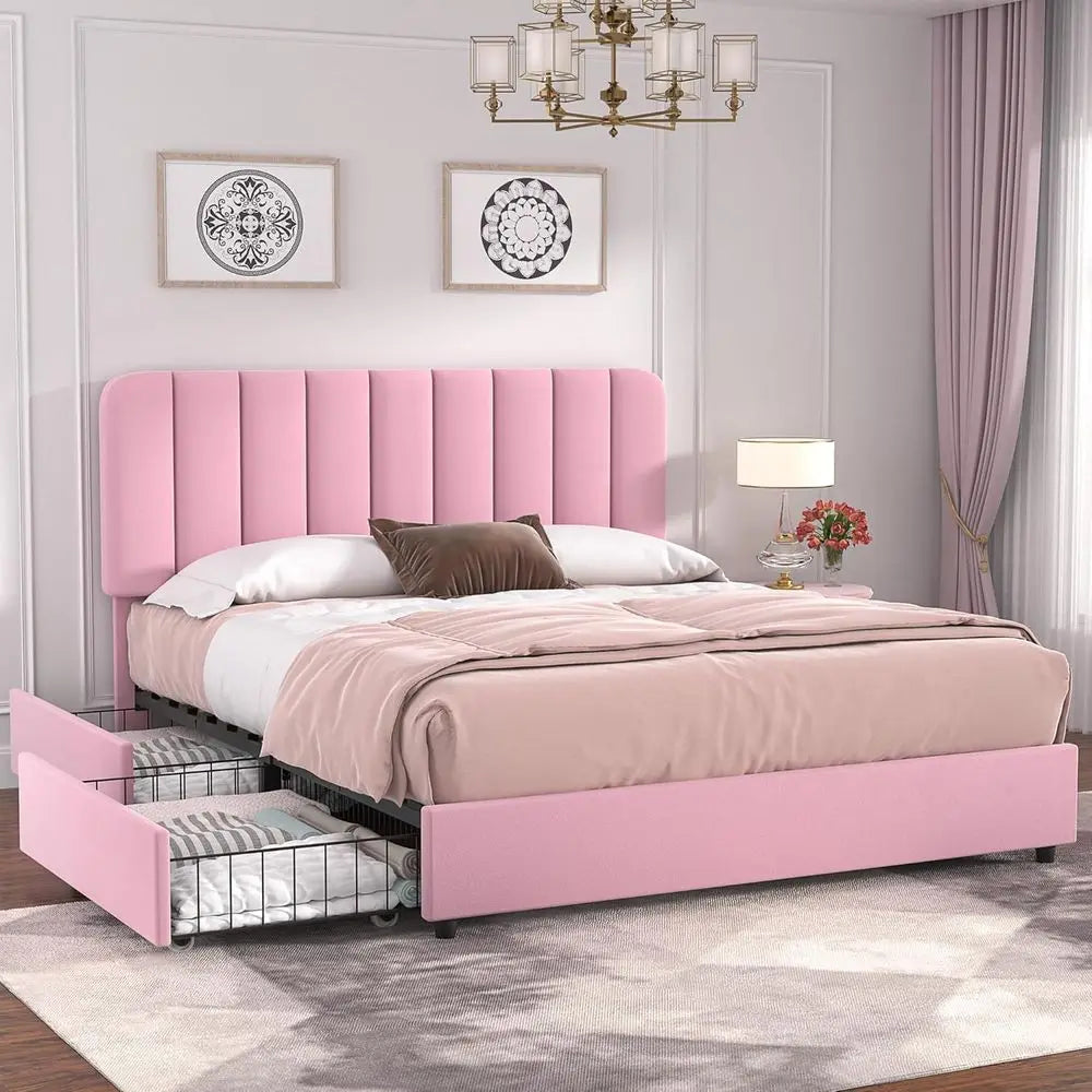 Velvet Platform Bed With 4 Drawers And Headboard Storage