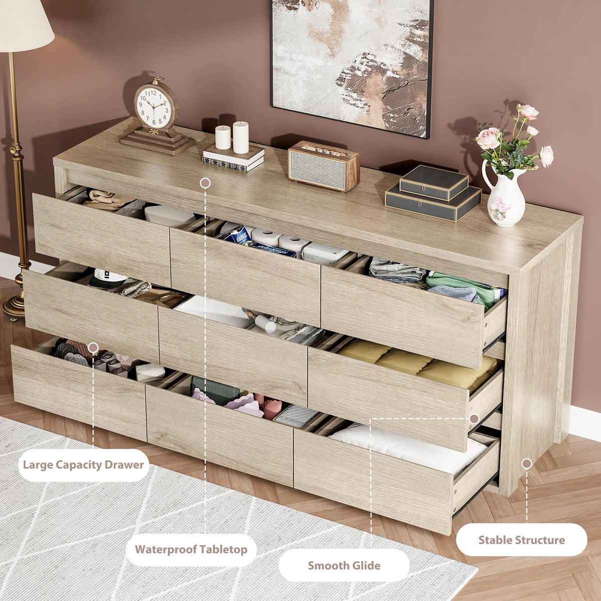 Acekool Modern Handleless Wooden Storage Dresser for Bedroom and Living Room