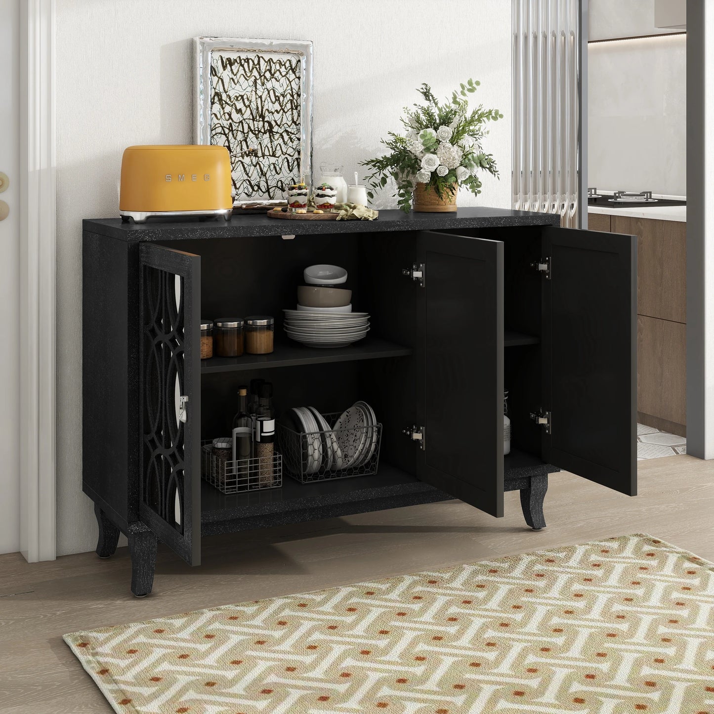 Sideboard With Glass Doors Three Door Mirrored Buffet Cabinet