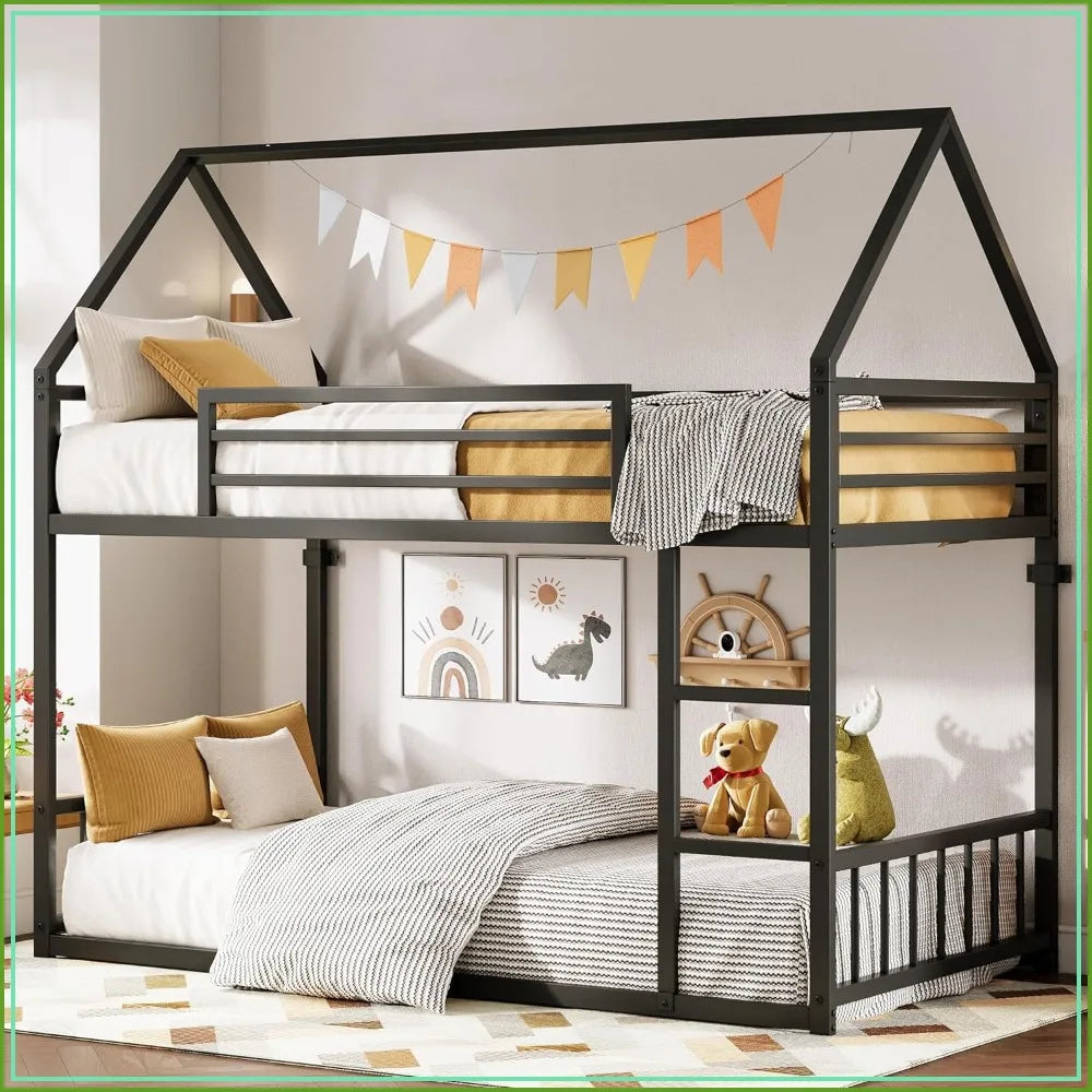 House Shape Metal Bunk Bed With Ladder And Guardrail