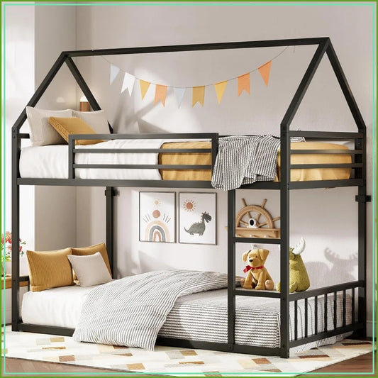 House Shape Metal Bunk Bed With Ladder And Guardrail