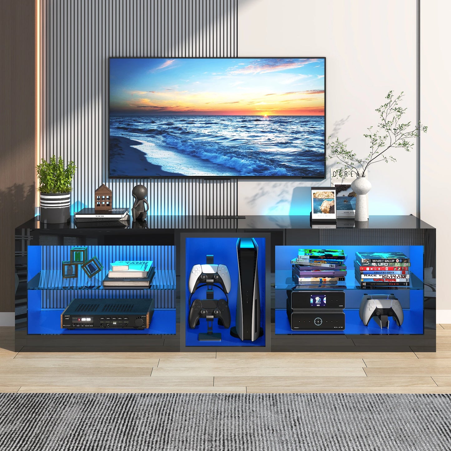 QiaoShiRen Modern TV Stand With Storage Cabinet And Outlet