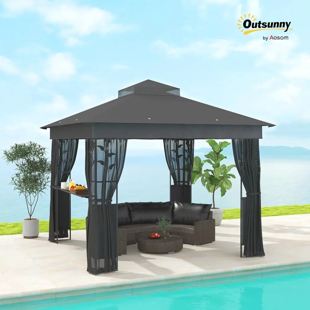 10 Foot x 10 Foot Double Roof Outdoor Gazebo with Shelves and Netting