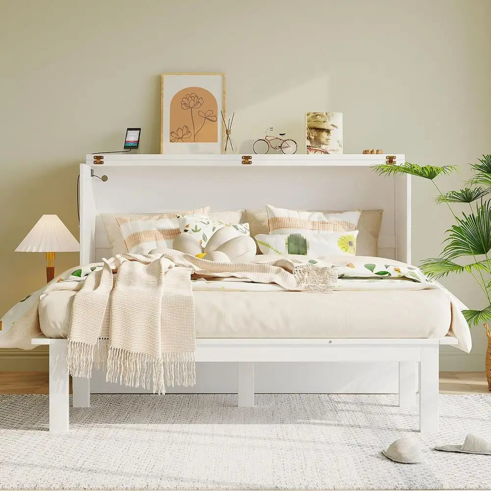 White Queen Murphy Bed With Cabinet And USB Ports
