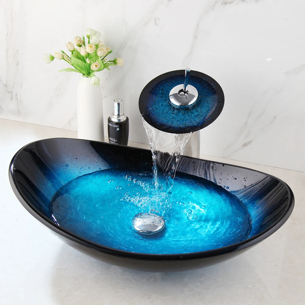 Torayvino Tempered Glass Vessel Sink With Waterfall Faucet