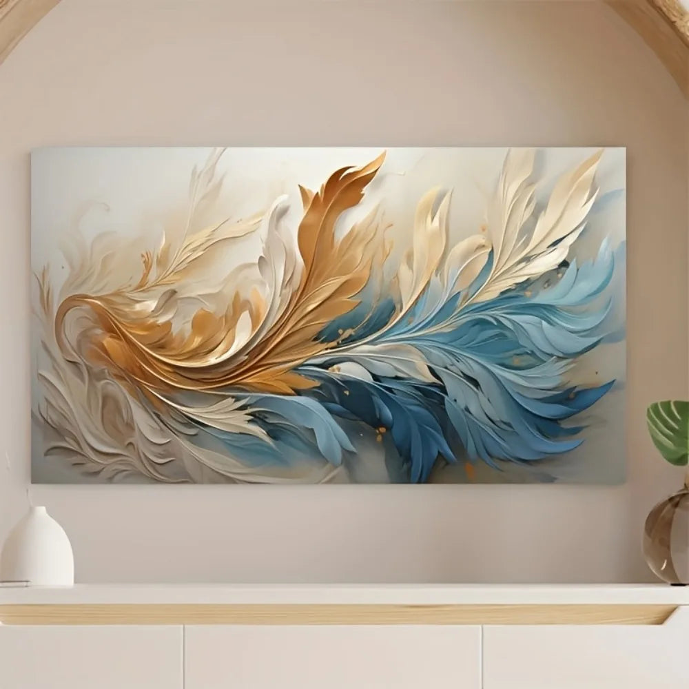 Modern Abstract Gold Feather Canvas Art with Pine Frame for Elegant Decor
