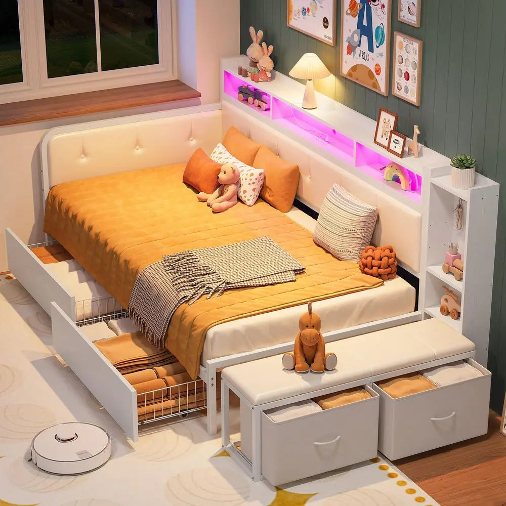 Corner Bed Frame With Storage Bench And Bookcase Headboard