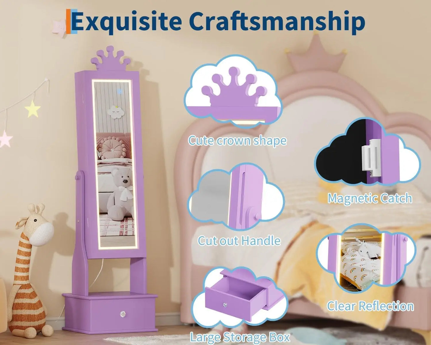 HiMISS Kids Jewelry Armoire With LED Mirror Lockable Drawers