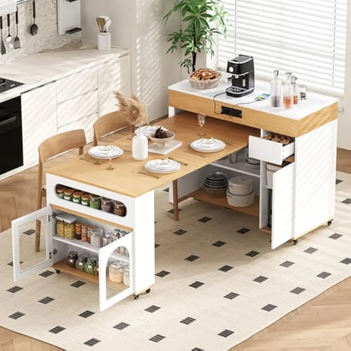 Rolling Extendable Kitchen Island Glass Door Cabinet With Drawers