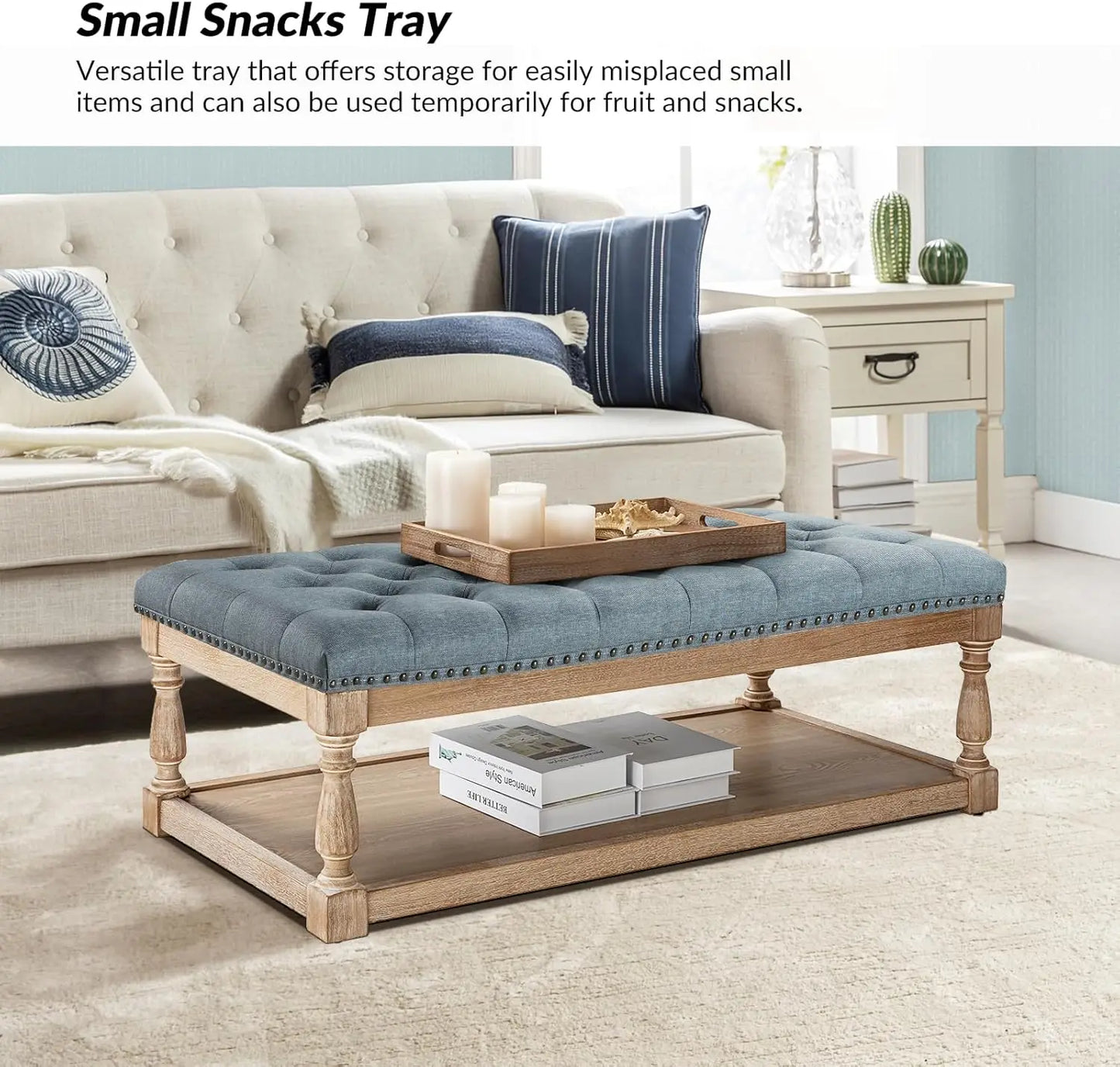 Rectangle Ottoman Coffee Table With Tray And Tufted Wood Storage Shelf