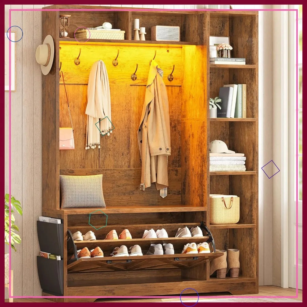 Farmhouse Hall Tree With Bench Shoe Storage LED Lights