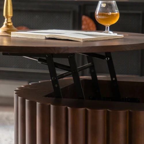 Handcrafted Round Lift Top Coffee Table With Relief Pedestal