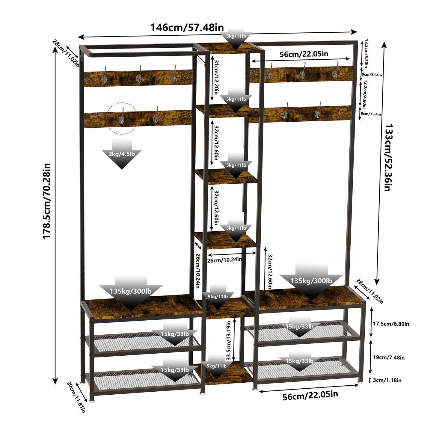 Tall Hall Tree With Shoe Rack Bench And 10 Hooks Entryway Organizer