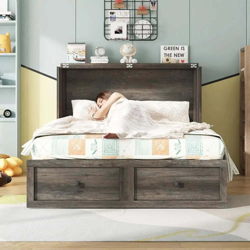 Murphy Bed With Storage And Charging Station Foldable Desk
